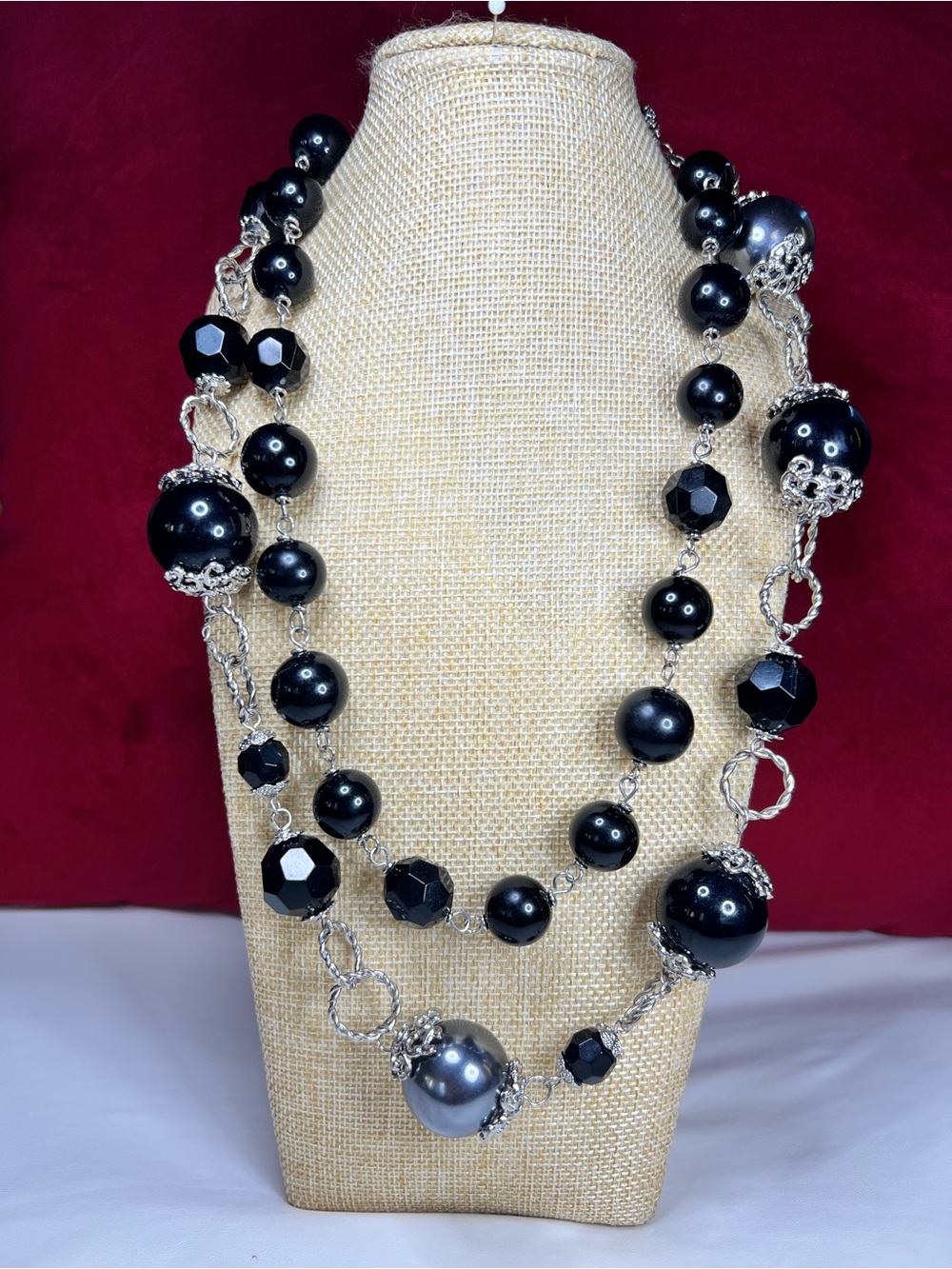 Chunky long black gray acrylic faceted long silver tone sweater boho necklace